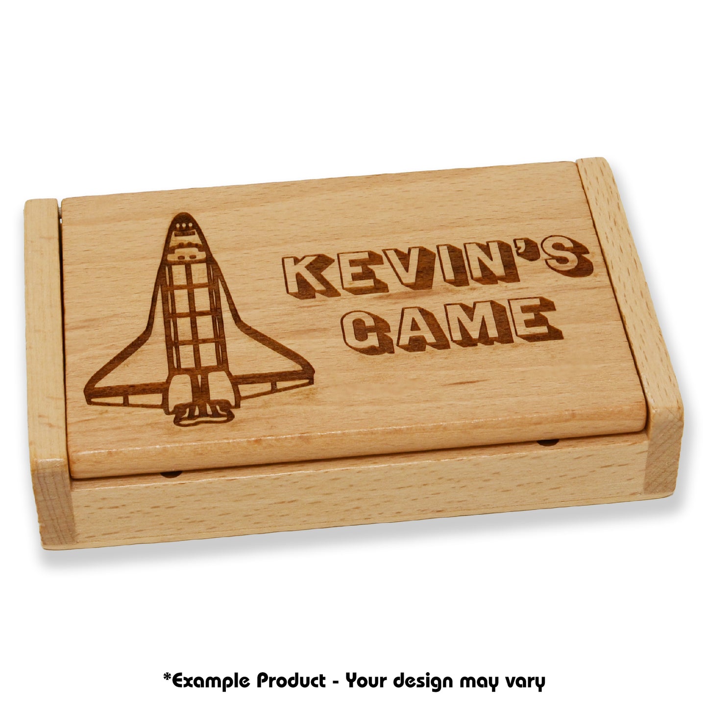 Angled front view of a custom laser-engraved Shut the Box game by Velocity Promotions with a Space Shuttle and named text