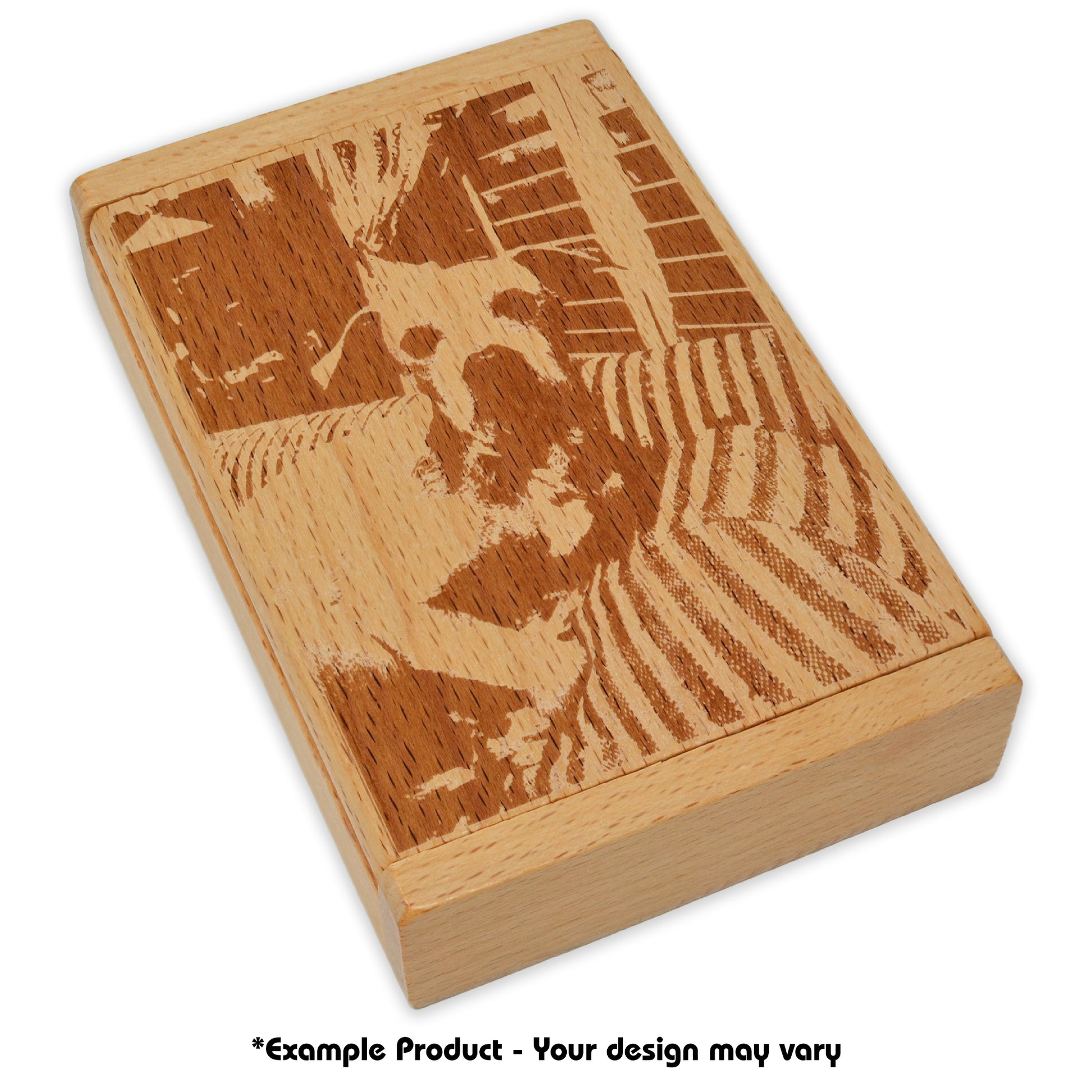 Angled overhead view of a Shut The Box wooden dice game engraved with a custom photo design of a dog on a sofa