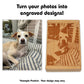 Graphic explaining the process of turning a full color photo of a dog on a sofa into an engraved design on a custom Shut The Box wooden dice game