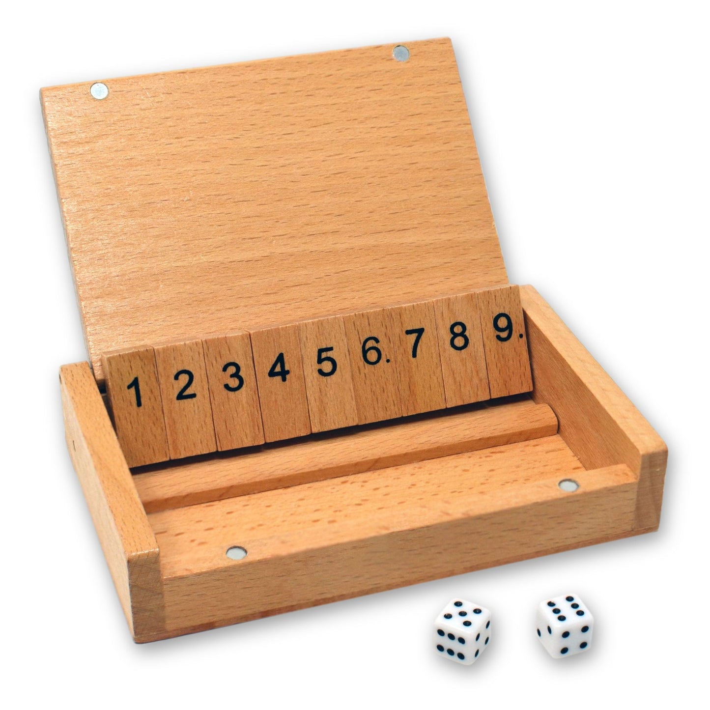 Overhead view of an open Shut The Box Wooden Dice Game showing unflipped numbered tiles and two mini dice