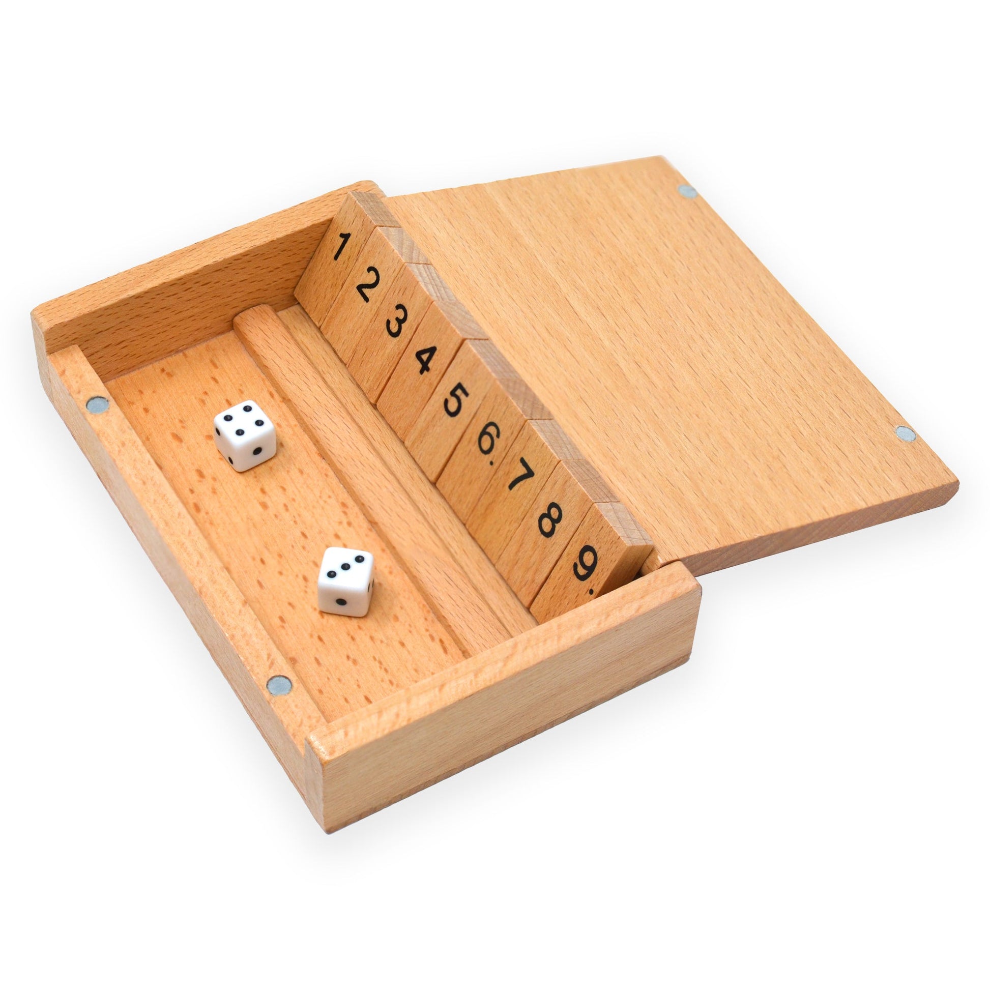Top-down view of an open Shut The Box Wooden Dice Game with unflipped numbered tiles and two mini dice